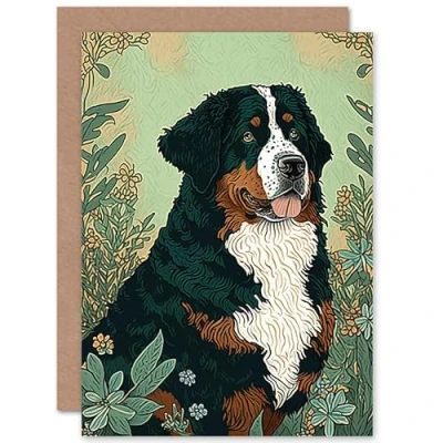 Image of Artery8 Bernese Mountain Dog in Wildflower Field Modern Illustration Art Birthday Sealed Greeting Card Plus Envelope Blank inside