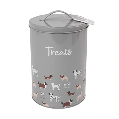 Image of YöL Dog Treat Tin Grey Illustrated Puppy Food Storage Container With Lid Tub Jar