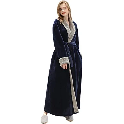 Image of Ladies Soft Flannel Fleece Dressing Gown Long Plus Size Bathrobe Plush Shimmer Onesies Loungewear Warm for Winter Navy XL