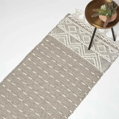 Image of HOMESCAPES Beige &amp; Natural Handwoven Kilim Rug Carpet Runner for Hallway 66 x 200 cm Traditional Textured Geometric ‘Patna’ Wool Cotton with Tassels