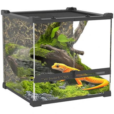 Image of PawHut Reptile Glass Terrarium, Vivarium with Stone Background, Front Ventilation, Escape Proof Knob Lock, Enclosure for Lizards, Horned Frogs, Snakes, 30 x cm, Black