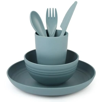Image of Belle Vous 4 Piece Plastic Navy Dinnerware Set Includes Plate, Bowl, Cup and Cutlery Unbreakable Reusable Tableware for Camping, Picnic Dinner Microwave Dishwasher Safe Service