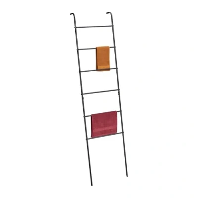 Image of Relaxdays Towel Ladder, 6 Rungs, Drying Rack for Clothes, 171x45.5x10 cm, Bathroom, Leaning Blanket Holder, Metal, Black, Steel