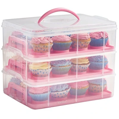 Image of VonShef Cupcake Carrier with Handle, Pink Three Tier Stackable Cup Cake Box, 36 Muffin Airtight Snap Lid, Clear Plastic Baked Goods Container