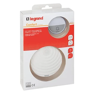 Image of Legrand 094252 Wireless Bell Set Comfort with Waterproof Push (IP44) Battery Operated 1x Gong 15 Melodies 100 m Range