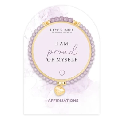 Image of Life Charms Crystal Bead Handmade Charm Bracelet Proud of Myself Positive Affirmation Quote Inspirational Gold Plated Mantra Jewellery