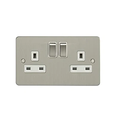 Image of Eurolite 2 Gang 13Amp DP Switched Socket Enhance Flat Satin Stainless Steel Plate Matching Rockers White Trim