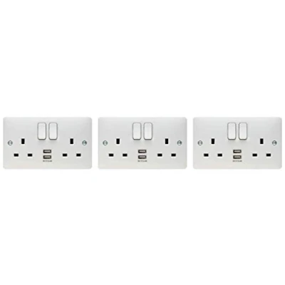 Image of Pack of 3 x Hager WMSS82USB &#039;Sollysta&#039; Switch Sockets Outlet 13 Amp with 2 USB