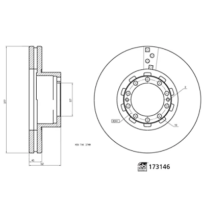Image of 1142086, 1525384, 1533629 Brake disc FEBI BILSTEIN 173146 Front Axle 377mm 45mm 10 Hole 144mm Vented