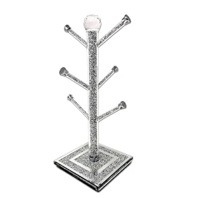 Image of BML Crushed Diamond Kitchen Mug Tree Cup Holder Silver Glass Sparkle 6 Hook Bling Ornament Easy Eye Catching Elegant Trimmimngs Look for Home Decor