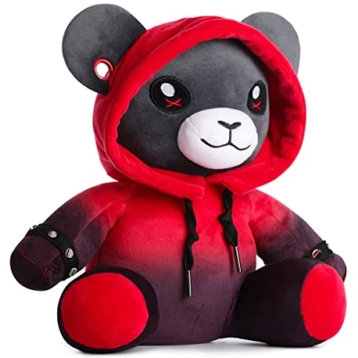 Image of corimori 1849 Stuffed Bear Toy Cuddly Plush Animals for Children, 28 cm Ember the Punk Teddy, Red Black