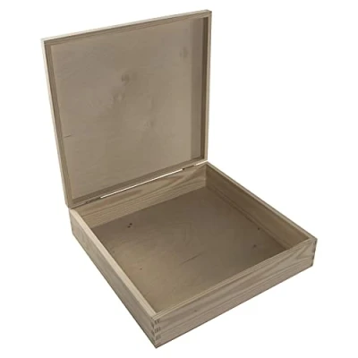 Image of Large Square Shallow Wooden Box 32 x 8 cm Lidded Keepsake Gift Storage Case Unpainted Decorative Pine