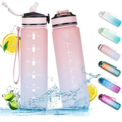 Image of NAVTUE 1L Water Bottle with Straw, Sports Drinks Time Markings, Leak Proof, Tritan BPA free for School/Cycling/Running (PinkBlue)
