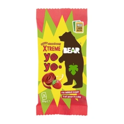Image of BEAR Super Sour Strawberry &amp; Apple Yoyos Dried Fruit Rolls Healthy Vegan 20g (18 packs)
