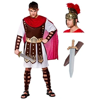 Image of A2ZFD Mens Roman Centurion Costume + Helmet (With Sword Option) Gladiator Fancy Dress (Large (Chest 44&quot;), &amp; Sword)