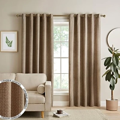 Image of Catherine Lansfield Textured Thermal Insulating 66x54 Inch Eyelet Curtains Two Panels Natural