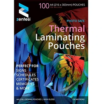 Image of Zentesi A4 Laminating Pouches High Gloss Laminator Sleeves 150 Micron (75 + 75 Microns) Glossy Laminate Pouch Sheets Pack of 100