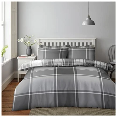 Image of GC GAVENO CAVAILIA Checkered Bedding Set, Printed Tartan Duvet Covers Single, Reversible Bedcover Check Quilt Covers, Grey