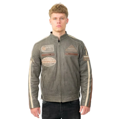 Image of Mens Tan Leather Biker Badges Racing Moto Jacket L