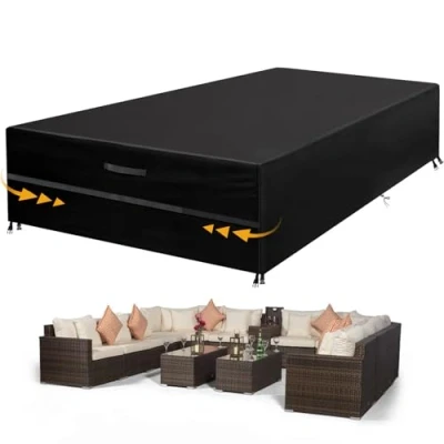 Image of Garden Furniture Covers Waterproof, Patio Waterproof Anti UV Outdoor with Handle Strap Drawstring Buckle for Sofa Table Chair Set (350x260x90cm, Black)