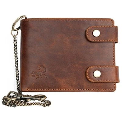 Image of FLW leather biker&#039;s genuine wallet with metal chain, a scorpion