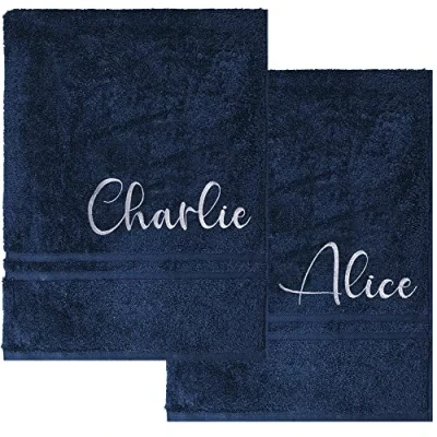 Image of Personalised His &amp; Hers French Navy Bath Towels Gift Set
