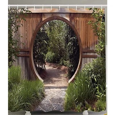 Image of Japanese Decor Collection Authentic Circle Rustic Doorway Gate Opening to National Park Sublime Habitat Image Polyester Fabric Bathroom Shower Curtain 72Wx79H inch