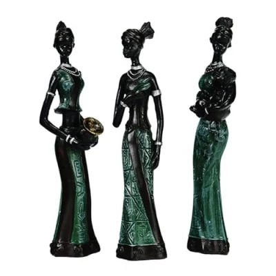 Image of MDHQ 3Pcs Vintage African Woman Statue Resins Sculpture Exotic Tribal Lady Figurine Art Ornament Home Desktops Decors