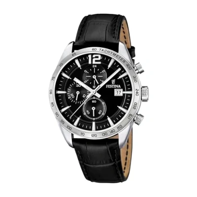 Image of Festina Men&#039;s Quartz Watch with Black Dial Chronograph Display and Leather Strap F16760/4