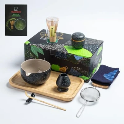 Image of TEANAGOO Japanese Tea Set, Matcha Whisk Bowl Bamboo (Chasen), Scoop (chashaku), Holder, Making Kit. O1, Green Powder Tray