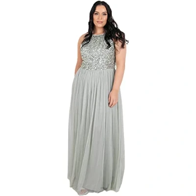 Image of Maya Deluxe Women&#039;s Ladies Bridesmaid Maxi Dress Halter Neck Sequin Embellished Prom Graduation Wedding, Green Lily, 16