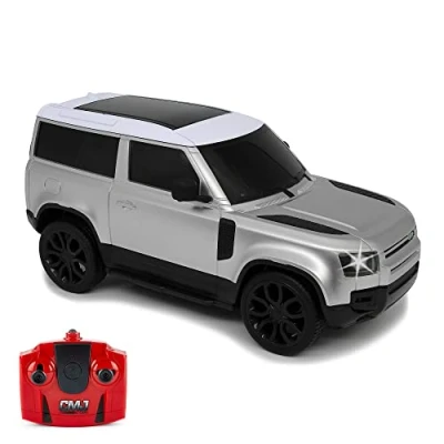 Image of CMJ RC Cars Land Rover Defender Official Licensed Remote Control Car 1:24 with Working LED Lights, Radio Controlled Supercar (Range Silver)