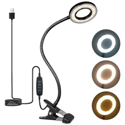 Image of VELOGA USB Powered LED Desk lamp 3 Color Modes 10 Brightness Levels, Eye Caring, Flexible Gooseneck Lamps, Clip On Light Table lamp, Portable for Reading Study Office &amp; Video Calls