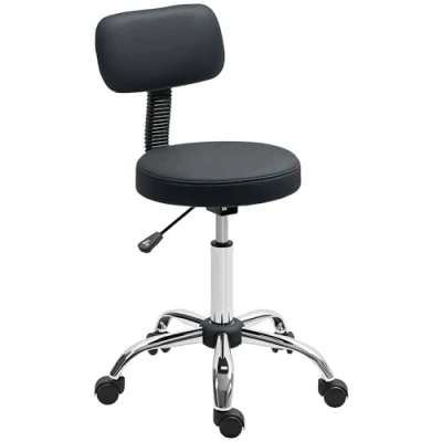 Image of HOMCOM Height Adjustable Rolling Stool with Backrest, Salon Chair Wheels, Faux Leather Swivel Task for Tattoo, Massage, Facial, Spa, Hairdressing, Black