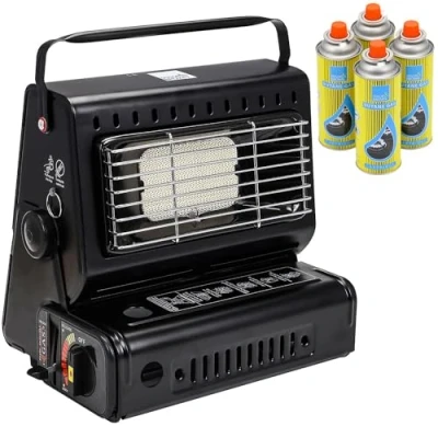 Image of Black Portable Gas Heater Outdoor Fishing Camping 1.3kW Butane Compact and Lightweight Ceramic Burner Auto Ignition Heat Control Safety Grill (Heater + 4 Canisters)