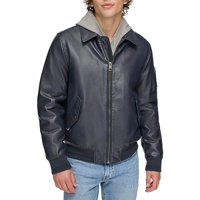 Image of Tommy Hilfiger Men&#039;s Faux Leather Bomber Jacket, Navy Laydown Collar, XL