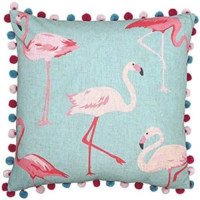 Image of Riva Paoletti Square Filled Cushion Blue and Pastel Pink Flamingo Print on Linen Fabric Pompom Edges 100% Polyester Case (20&quot; x 20&quot; inches), Synthetic, Duck Egg, 50 50cm