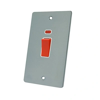Image of AET FSCCSWWHT Satin Chrome Flat 45A Tall White Insert 45 Amp DP Cooker Switch w/Neon Indicator 2 Gang Plate