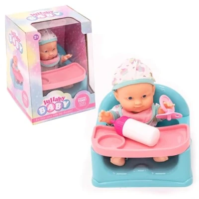 Image of KandyToys Baby Doll in Highchair 9 inch Soft Set Toy Feeding Chair 2 Designs 1 Sent at Random