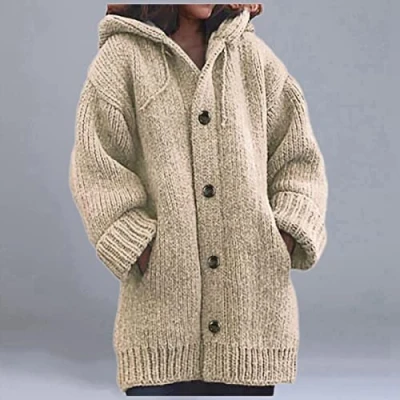 Image of Women&#039;S Hooded Knit Sweater Autumn And Winter Knitted Sweater, Thick Long Sleeve Button Cardigan Jacket, Loose Khaki Large Pocket, Casual Outdoor Christmas New Year Gift,Khaki,L
