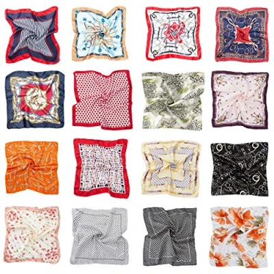 Image of 16 Pack Women&#039;s Satin Neck Square Scarf Mixed Designs Bandana Hand Head Hair Scarfs Handbag Wraps for Ladies Stewardess Multiuse (50 * 50cm)