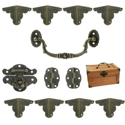 Image of MOROBOR Jewelry Box Antique Lock Latch Hasp Hinges Handle Corner Protectors Kit for DIY Box, Wood Case Chest Storage Protector, not Included