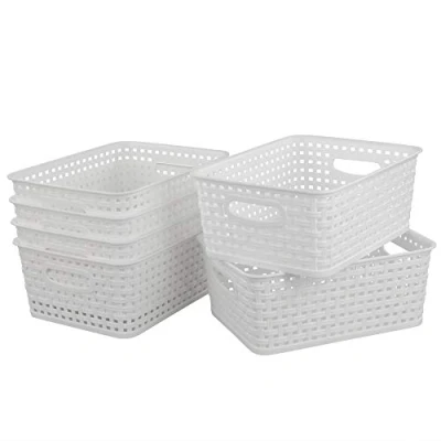Image of Bblina 6 Pack Small White Plastic Weave Rattan Storage Basket Box