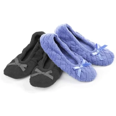 Image of Isotoner Women&#039;s 2 Pack Ballerina Slipper Ballet Flat, Periwinkle Quilted, Ash Solid, 6/7 UK