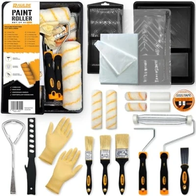 Image of RAULDE 21 Pieces Paint Roller Set Includes a Tray, Brush, Large and Mini Rollers &amp; Sleeves, Repellent Masking Tape, Mixer for Painting Walls, Edges Ceilings