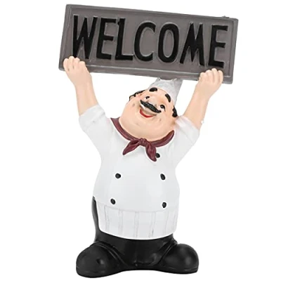 Image of Hapivida Chef Figurine, France Cook Ornaments Welcome Statue Collectible Figurine with Raise Your Hands Sign Board Plaque Home Kitchen Restaurant Decor