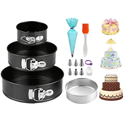 Image of jingxinxin Cake Tins Set 3 Pcs(4&quot;/7&quot;/9&quot;), Non Stick Springform Baking Trays &amp;1 Pcs Flour Sieve,Piping Bags and Nozzles 8 Pcs,1 Oil Brush,Cheesecake Pan with Removable Bottom