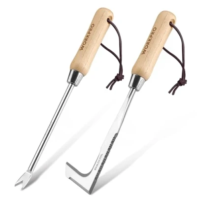 Image of WORKPRO Weed Remover Tool 2 Piece with Wood Handle, Weeding Garden Tools for Gardening Serrated Edge, Puller Removing Moss and Weeds, Dandelion