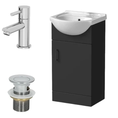 Image of Affine® 450mm Bathroom Vanity Unit Ceramic Sink Floorstanding Storage Cabinet Cupboard &amp; Malmo Basin Tap Waste Set, Matt Black