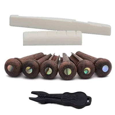 Image of Alnicov Acoustic Guitar Bone Bridge Saddle &amp; Nut Set and 6Pcs Rosewood Pins with puller for 6 String